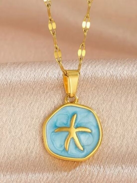 Jewelry - 1pc Stainless Steel Summer Ocean Style Disc Starfish Drip Oil Pendant Necklace